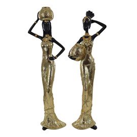 Lescafita Set of 2 Resin African Women Statues – Gold Tribal Figurines with Pots, Afrocentric Ethnic Sculpture for Home Decor, Elegant African Lady Decor for Living Room, Shelf, Gift