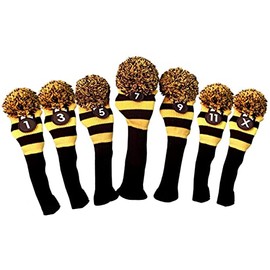 Majek Golf Club 1 3 5 7 9 11 X Yellow and Black Limited Edition Driver and Fairway Wood Head Covers Fits 460cc Drivers Tour Knit Retro Vintage Pom Classic Long Neck Metal Longneck Woods Headcovers