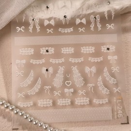 Bow Nail Stickers for Nail Art 5D Embossed White Lace Bowknot Nail Decals Dotting Diamonds Design for Women Girls Manicure Accessories