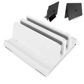 Vertical Laptop Stand Holder, ABS Organizer with Adjustable Dock, All in 1 Design Space-Saving, Sturdy Laptop Computer Holder for PC up to 17.3 inches, MacBook, Mini PC, Pad, Phone (White, 2 Slot)