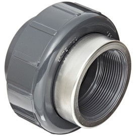 Spears 8059-SR Series PVC Pipe Fitting, Union with Viton O-Ring, Schedule 80, Gray, 1-1/2" Socket x Stainless Steel Reinforced NPT Female