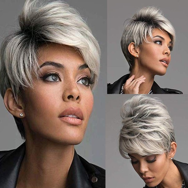 SEVENCOLORS Short Gray Wigs for Women Ombre Grey Pixie Cut Wigs with Bangs Layered Straight Silver Gray Synthetic Wigs for Black Women