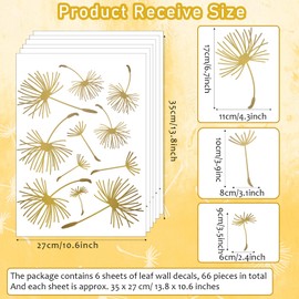 66 Pcs Wall Decals Peel and Stick Dandelion Wall Stickers Metallic Flower Murals Floral Wall Decor Sticker Wall Art Stickers for Bedroom Bathroom Living Room Nursery Office Decor (Gold,6 Pcs)