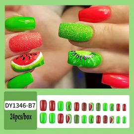 24 Pcs Summer Press on Nails Medium Length Fake Nails Cute Watermelon Full Cover Glue on Nails Glossy Red Green False Nails Summer Fruit Acrylic Nails Square Shape Glue on Nails for Women and Girls