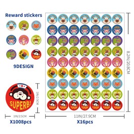 MINIWHALE Sticker for Kids,1008PCS Motivational Stickers 16Sheets, 1 Inch x 9 Designs Reward Stickers for Teacher School Classroom, Behavior Chart, Potty Training-Cartoon