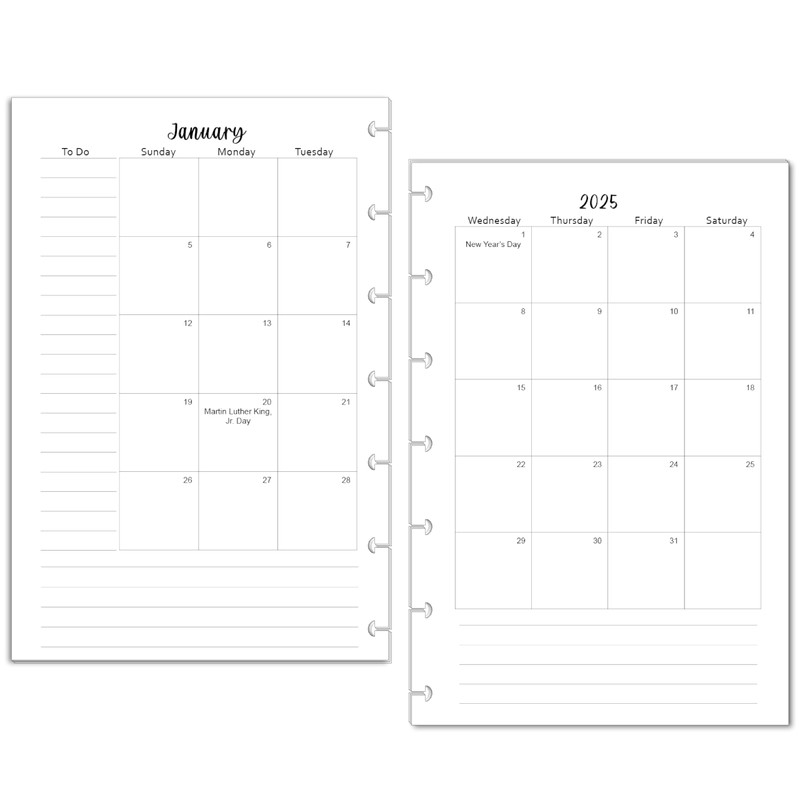 2025 Monthly Planner Calendar Refills for 7-Disc Mini Happy Planners,
