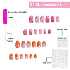 Short Almond Press on Nails SWEKKE French Tip Fake Nails Orange & Pink False Nails with Starfish Designs Glossy Glue on Nails Acrylic Nails Stick on Nails for Women Girls 24 Pcs