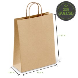 AME D'ESSENCE (25 pcs) Kraft Brown Paper Bags w/Handles Reusable Grocery Bags Great Gift Bag Recyclable Shopping Bags Large Size 13.0" L x 7.0" W x 17.0" H