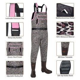 HISEA Neoprene Chest Waders Leopard Print Duck Hunting Waders for Women with Boots Cleated Waterproof Insulated Fishing Waders