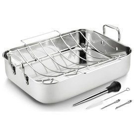 JY COOKMENT Roasting Pan with Baking Rack, 16.5 Inch Stainless Steel Turkey Roaster with Rack, Baster. Great for Turkey, Chicken, Ham, Vegetables