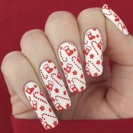 RIICFDD Christmas Press on Nails Long Fake Nails Coffin False Nails Candy Cane Stick on Nails Christmas Socks Glue on Nails Full Cover Star Acrylic Nails for Women Artificial Nails 24 Pcs