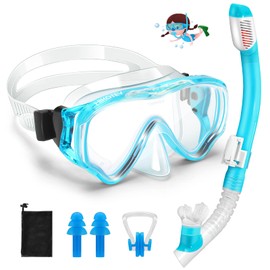 HIKOTEY Children's Snorkel Set, Dry Snorkel Set, Children's Anti-Fog Panorama, Anti-Leak Diving Mask, Dry Snorkel with Waterproof Earplugs, Snorkelling Set for Boys Girls (4-12 Years) - Blue