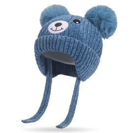 Cute Bear Kids Winter Hat with Ear Flaps 1-5 Years Dual Pom-Pom Chenille Knitted Warm Hat for Baby Girls Boys Fleece Lined Warm Earflap Cap with Strap Toddler Cold Weather Furry Warm Beanie Hat,Blue