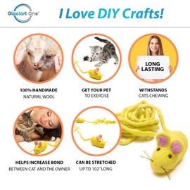 Glaciart One Felt Mouse Cat Toy – Soft Fuzzy Enrichment 100% Natural Wool - Interactive Catnip Play Cat Toy Set - Safe for Pets, Non-AZO Colored Dyes - 100” Long