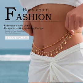 Florry Rhinestone Belly Chain Shell Waist Chain Bikini Body Jewelry Chains Beach Belly Chain for the Waist Tassel Layered 18K Gold Body Chains for Women and Girls (Shell)