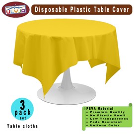 PARTY ULYJA Yellow Tablecloths Plastic 3 Pack Premium 84 Inches Disposable Table Covers Decorative Table Cloths for Round Dinning Kitchen Tables