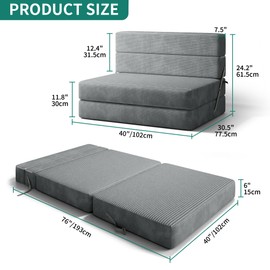 YITAHOME Convertible Folding Sofa Bed, Corduroy Fabric Fold Out Chair Bed, High-Density Memory Foam Floor Futon Couch for Living Room Bedroom Guest Use Apartment, Grey, Twin Size