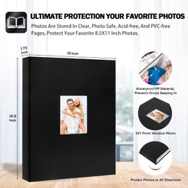 8.5x11 Photo Album Holds 72 Photos, Leather Cover with Front Window, Transparent inner pages 8.5x11 Photo Album for Wedding Family Pictures (Black)
