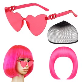 Pink Wigs for Women Pink Wig Short Bob Comes with 1 Rose Red Double Heart Sunglasses and 1 Black Wig Net Bag Suitable for Role Playing and Party Wigs Modify Face Shape Match Clothes