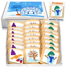 Winter Snow Cookies Theme Party Favors | 24 Pack Individually Wrapped Bulk | Snowman Hat Scarf Gloves Mittens Igloo Snowflakes Sweater shovel Cold weather | For Kids Adults Treats