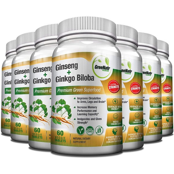 Panax Ginseng + Ginkgo Biloba Tablets – Premium Non-GMO/Veggie Superfood – Traditional Energy Booster and Brain Sharpener – Unique Twin Supplement Combines Ginseng and Ginkgo Biloba (12 Pack)