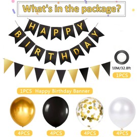 Balloons Birthday Decoration Set, Black Gold Birthday Decoration Happy Birthday Decoration Banner Party Decoration Birthday Set with Balloons Confetti Balloons Triangle Flags Garlands (BK & GD + PT)