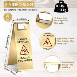 LEIFIDE 4 Pcs Stainless Steel Wet Floor Caution Sign Bulk 8.8 Pound Portable Foldable Handle Bilingual Safety Sign for Kitchen Restaurant Shop Commercial Use Avoid Fall and Slip Accident (Gold)