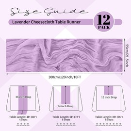 12 Pack Lavender Cheesecloth Table Runner 120 inch Fall Thanksgiving Boho Rustic Gauze Farmhouse 10FT Cheese Cloth Runner for Baby Shower Wedding Party Holiday Home Decor