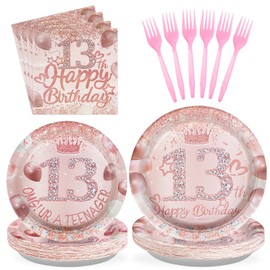 96 Pcs 13th Birthday Party Supplies 350 GSM Rose Gold 13 Years Old Birthday Party Plates And Napkins Tableware Set Happy 13th Birthday Decorations for Girls Teenager Thirteen Birthday Party Serve 24