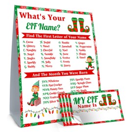 What's Your Elf Name Game Card, Including 1 Elf Name Game Sign and 30 Name Sticker, Elf Theme Game Cards Set, Elf Birthday Party Game Supplies, Christmas Birthday Party Game Activities