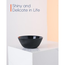 LaGlint 30 OZ Max Cereal Soup Bowl Set of 6, Opal Glass 7.2 inch Black Ribbed Bowls for Ramen, Noodle, Salad, Fruit, Dishwasher and Microwave Safe