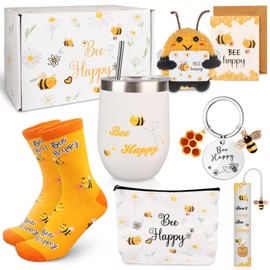 Bee Themed Gifts Set for Women - Funny Honeybee Gift Box Include 12 oz Bee Stainless Steel Tumbler with Straw & Brush Bee Cosmetic Bag Keychain Bookmark for Bee Lover Christmas Birthday Gifts