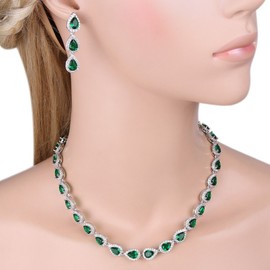 EVER FAITH CZ May Birthstone Elegant Tear Drop Necklace Earrings Bracelet Set Green Emerald-Color