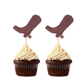 Botas marrones con purpurina para magdalenas, decoración de postres con temática de vaquero occidental, púas para decoración de fiesta de cumpleaños de bebé, accesorios para fotos, 24 unidades
