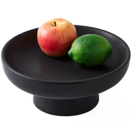Denique Black Ceramic Fruit Bowl for Kitchen Counter, 10inch Decorative Pedestal Bowl for Home Décor Table Countertop Centerpiece, Round Large Bowls, Ceramic Fruit Stand Snack Bowls