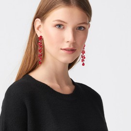 Crysdue Clip On Earrings for Women Rhinestone Crystal Teardrop Cluster Wedding Bridal Non Pierced Long Dangle Earring for Prom Party Red Silver-Tone