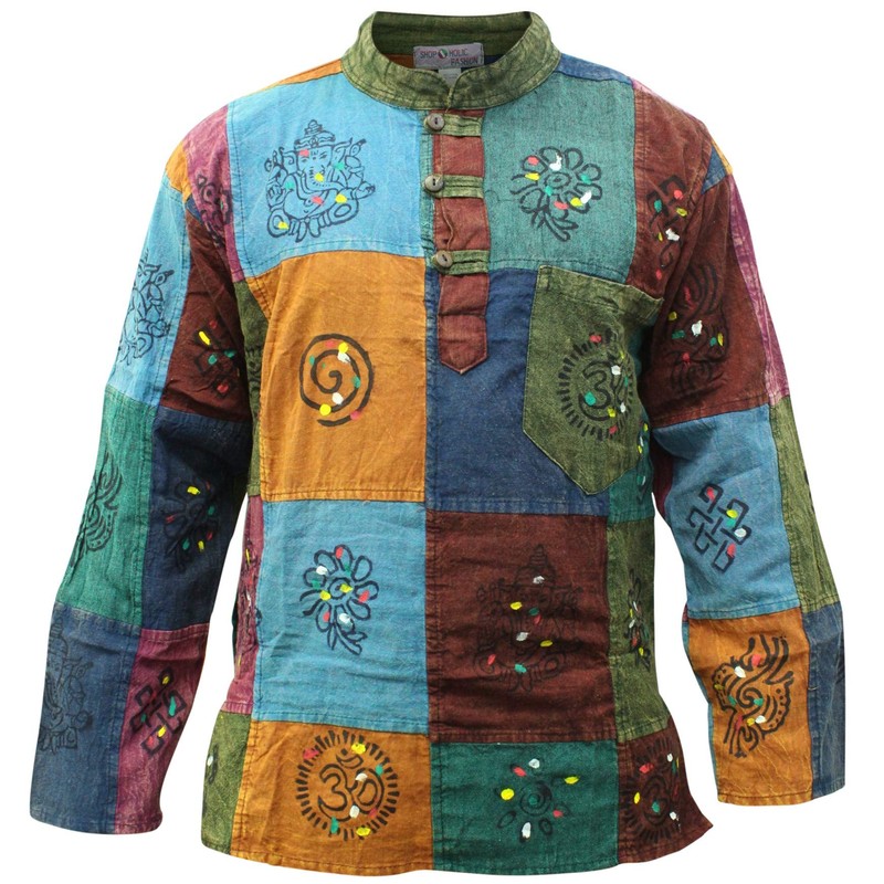 SHOPOHOLIC FASHION Men's Acid Washed Colourful Patchwork Hippie Grandad Shirt