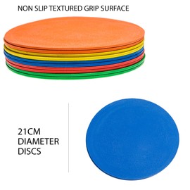 Fitness Health Flat Set of 10 Round Disc Markers - Strong, Durable & Thick Rubber Discs - 21cm Multi-Coloured Discs - Non-Slip Spot Markers For Outdoor, Indoor Use - Suitable for Hard, Soft Surfaces