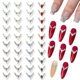 XEAOHESY 40 Pieces Gold Alloy Rhombus Nail Charms Inlaid with 8 Colors of Rhinestones French Fingertip Jewelry Flat Back V-Shaped Nail Alloy Charms Nail Design Craft Decorations for Women