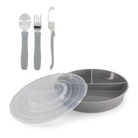 Twistshake Baby Tableware Set | Divided Plate + Cultery 12m+ | BPA-Free | Food Training Kit for Kids | Grey
