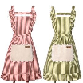 Nebesheii Cotton Kitchen Cooking Aprons,Vest Adjustable Bib Soft Chef Stripes Apron Two pockets with wide for Men Women, Green/Pink, one size fits all