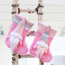 2pcs Christmas Stockings Set 3D Large Xmas Stockings Plush Faux Fur Cuff Family Hanging Socks Bag for Xmas Tree Holiday Season Party Decor (Pink)