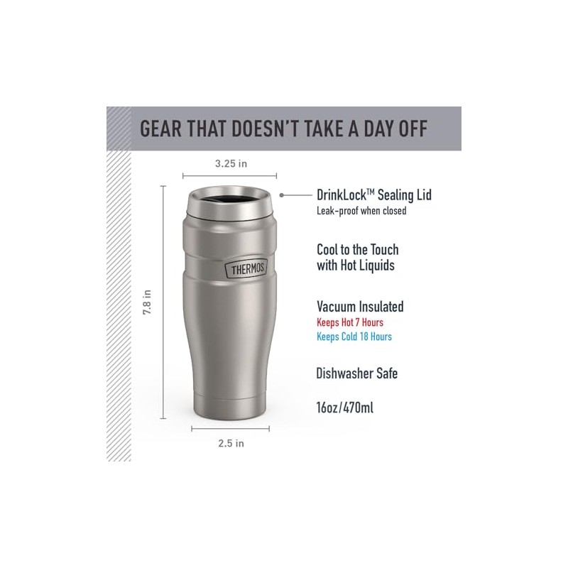 Thermos inoxidable Rey 16-Ounce Travel Tumbler, Metálico, 16 oz