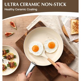 KOCH SYSTEME CS Nonstick Frying Pan with Lid, 8 Inch Non-Stick Skillet with Stay-Cool Stainless Steel Handle, Omelet Pan with Nonstick Ceramic Coating, PFOA Free, Oven Safe, Cream White