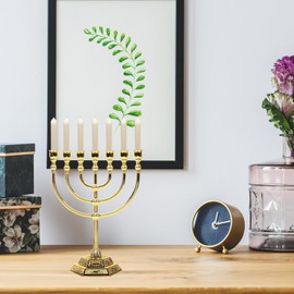 FOMIYES 7 Branch Menorah Candle Holder Hanukkah Candle Stand Jerusalem Candlestick Centerpiece for Jewish Holiday Party Decor Golden 17x13.5cm