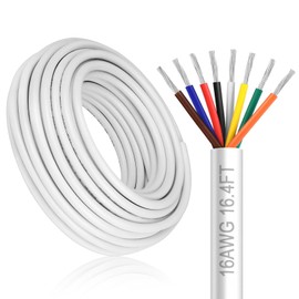 16 Gauge 8 Conductor Electrical Wire, 16.4FT White Stranded Low Voltage 16/8 PVC Case, 16 AWG Tinned Copper 8 Wire Extension Power for Strips LED Lamp Lighting