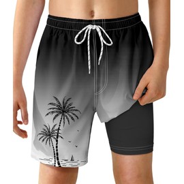YGDSX - Traje de baño para niños con forro de compresión para niños de secado rápido 2 en 1, pantalones cortos de playa de verano, Negro Gradient, 14-16 Años