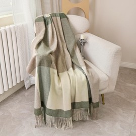 Temminc Pure Wool Throw Blanket for Couch,Soft Cozy Fleece Throw for Chair Sofa Bed Car Outdoor, Wool Fringed Knee Blanket 55" x 83",2LBS,Taupe Grey and Green Plaid