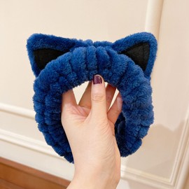 Face Wash Headband Hairband with Cat Ears Coral Fleece Cartoon Cute Creative Hair Accessories (Blue, One size)