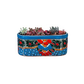 Evergreen Garden Talavera Mexican Pottery Ceramic Turquoise Ledge Planter | Flower Pot Plant Succulent | Indoor Outdoor (12 inch)